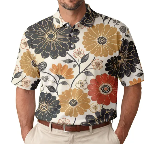Vintage Japanese Floral Chrysanthemum Motif for Resort Wear and Everyday Style Men's Polo Shirt