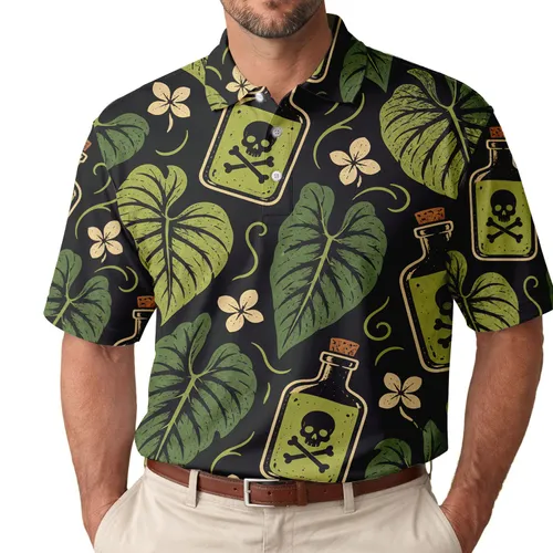 Tropical Poison Bottle Skull Jungle Leaves for Beach Vacations and Resort Weekends Men Men's Polo Shirt