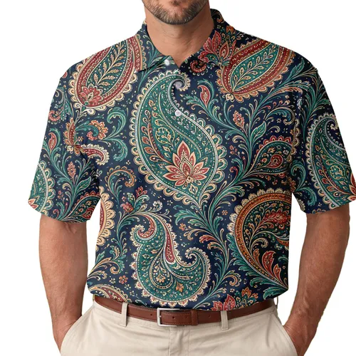 Vintage Paisley Navy Motif For Resort Travel, Date Nights And Everyday Men's Style Men's Polo Shirt
