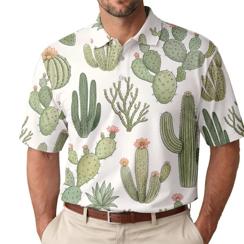 Watercolor Desert Cacti Botanical Motif For Resort Vacations And Casual Everyday Wear Men's Polo Shirt