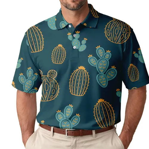 Modern Teal Cactus Garden Motifs For Resort Weekends And Casual Summer Outfits For Men Men's Polo Shirt