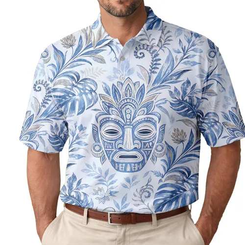 Icy Blue Tropical Leaves And Island Mask Motifs For Beach Vacations And Resort Wear Men's Polo Shirt