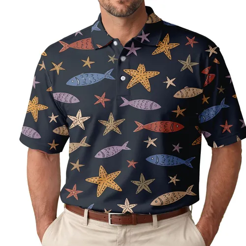 Midnight Ocean Fish And Sea Stars For Beach Vacations And Coastal Weekend Wear For Men Men's Polo Shirt