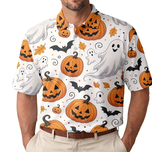 Cheerful Halloween Pumpkins, Ghosts And Bats For Fall Parties And Costume Season Men's Polo Shirt