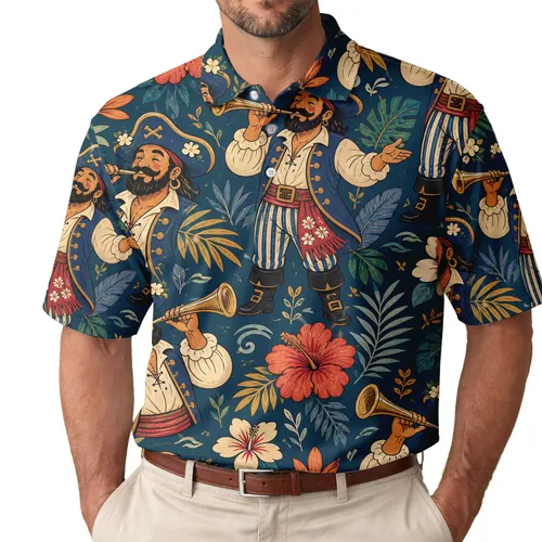 Cheerful Pirate Musician Horn And Hibiscus Nautical Resort Vacation Wear For Men Men's Polo Shirt