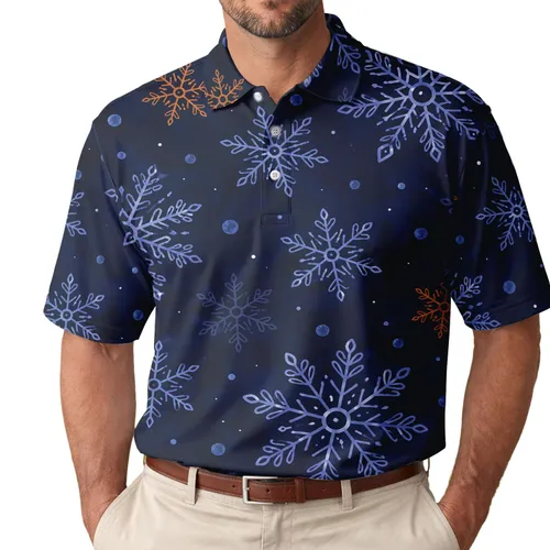 Midnight Blue Snowflake Motifs for Holiday Winter Gatherings and Everyday Men's Style Men's Polo Shirt