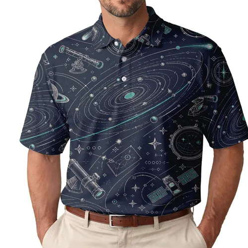 Celestial Orbit Galaxy Motif For Space Enthusiast Casual Weekend Wear Men's Polo Shirt
