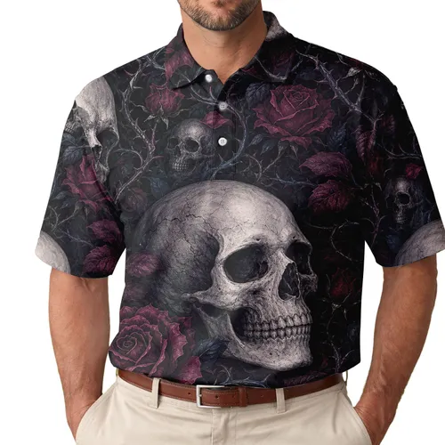 Gothic Skulls And Burgundy Roses For Halloween Concerts And Alternative Style Lovers Men's Polo Shirt