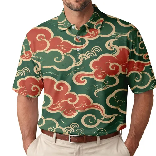 Vintage Chinese Auspicious Cloud Motif for Lunar New Year Travel and Casual Wear Men Men's Polo Shirt