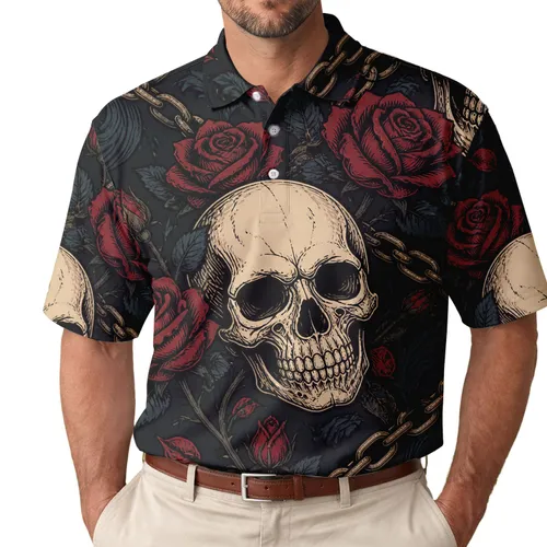 Gothic Skull Roses And Brass Chains For Halloween Events And Alternative Style Lovers Men's Polo Shirt