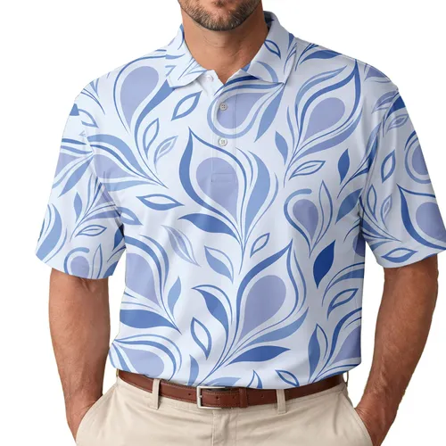 Blue Botanical Leaf And Raindrop Motif For Breezy Everyday Resort Style Men's Polo Shirt