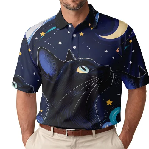 Black Cat Crescent Moon Night Sky Outfit for Stargazing Festivals and Cat Lovers Men's Polo Shirt