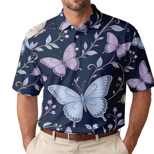 Midnight Navy Blue Lavender Butterfly Botanical Garden Casual Vacation Wear For Men Men's Polo Shirt