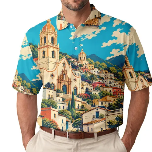 Mediterranean Mountain Town Church Landscape For Colorful Travel And Resort Wear Men's Polo Shirt