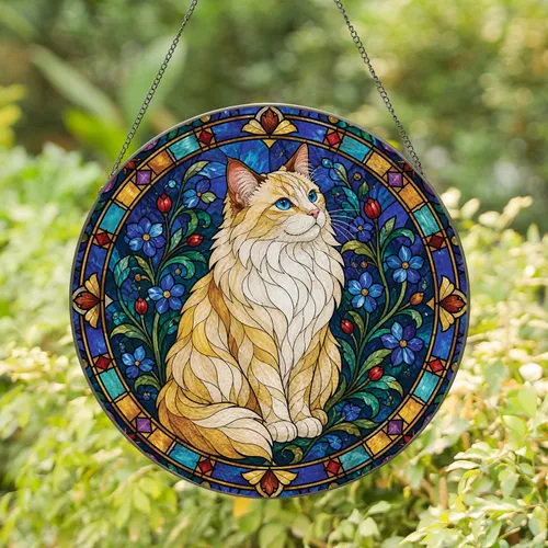 Blue Eyed Longhair Cat Stained Glass Garden Window Decor Gift For Cat Lovers Home Stained Glass Suncatcher