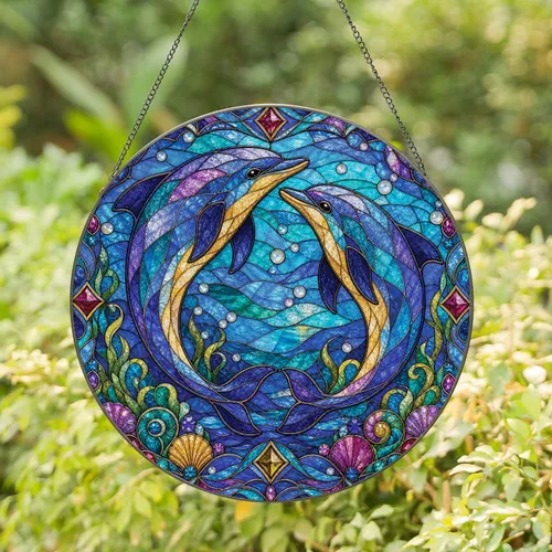 Colorful Stained Glass Dolphin Pair Window Decor for Coastal Homes and Ocean Lovers Stained Glass Suncatcher