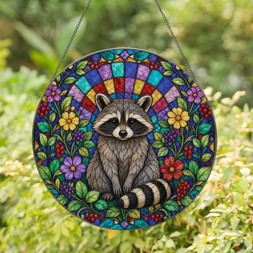 Stained Glass Raccoon Garden Window Decor for Woodland Home And Nature Gift Lovers Stained Glass Suncatcher