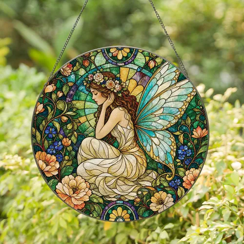 Woodland Fairy Stained Glass Window Hanging Decor for Garden Lovers and Cottage Rooms Stained Glass Suncatcher