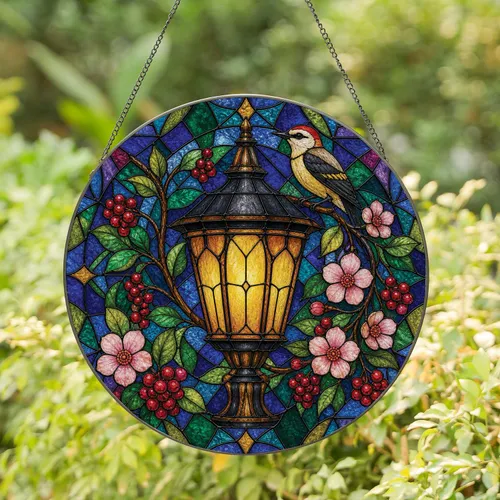 Robin Lantern Floral Stained Glass Garden Window Decor for Bird Lovers and Housewarmings Stained Glass Suncatcher