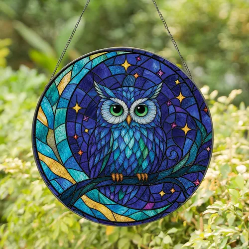 Tiffany Style Moon Owl Stained Glass Window Decor For Bird Lover Housewarming Gifts Stained Glass Suncatcher