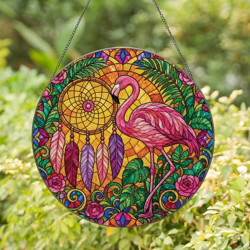 Flamingo Dream Catcher Stained Glass Window Decor For Tropical Home Decor Gift Lovers Stained Glass Suncatcher