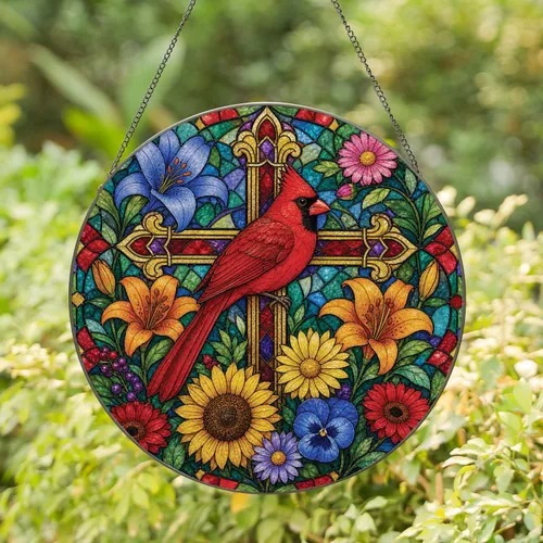 Cardinal Floral Cross Stained Glass Window Decor For Christian Home Gifts Stained Glass Suncatcher