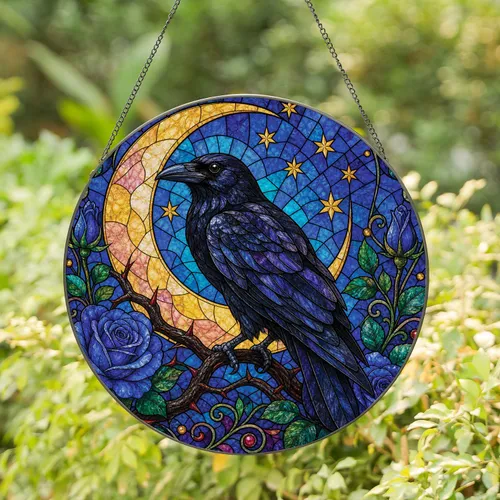Black Raven Crescent Moon Blue Roses Stained Glass Gothic Window Decor for Witchy Home Stained Glass Suncatcher