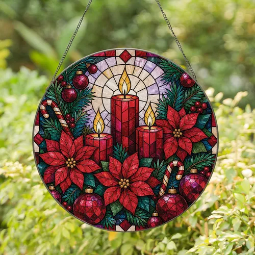 Stained Glass Christmas Candles Poinsettias For Festive Window Decor Stained Glass Suncatcher