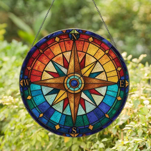 Nautical Compass Rose Stained Glass Window Decor for Coastal Home and Veteran Gifts Stained Glass Suncatcher