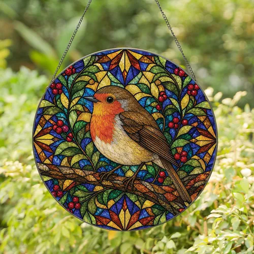 Robin Stained Glass Window Decor For Cottage Kitchens And Bird Lover Gifts Country Stained Glass Suncatcher