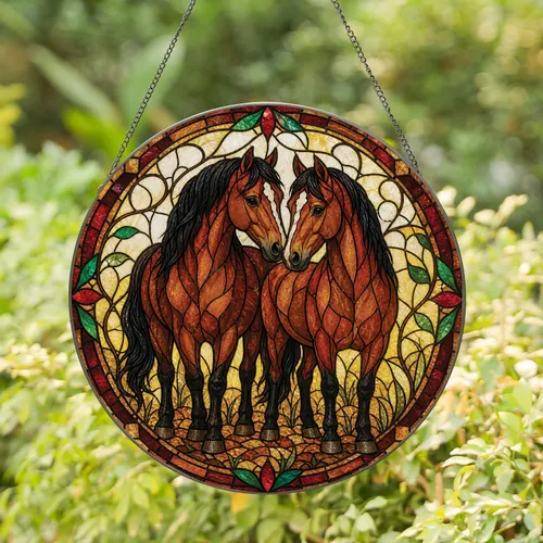 Bay Horses Stained Glass Window Decor for Farmhouse Rooms and Equestrian Country Gifts Stained Glass Suncatcher