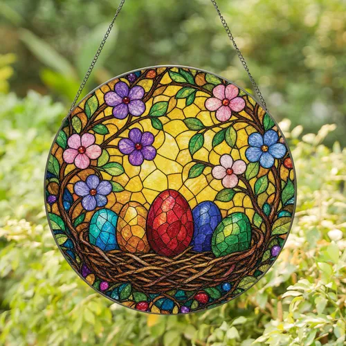 Leaded Stained Glass Easter Egg Nest Garden Decor for Spring Windows and Holiday Gifts Stained Glass Suncatcher