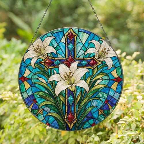 Stained Glass Easter Lily Cross Window Decor For Christian Home Easter Gift Lovers Stained Glass Suncatcher
