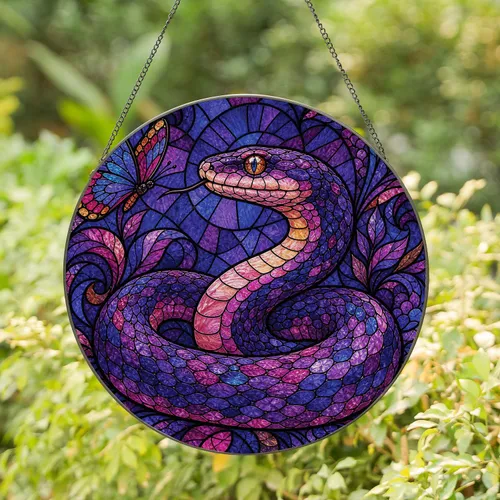 Purple Stained Glass Serpent And Butterfly Window Decor For Gothic Garden Lovers Stained Glass Suncatcher