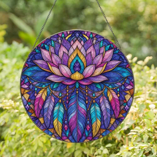 Lotus Stained Glass Feather Window Decor for Meditation Rooms and Garden Gifts Stained Glass Suncatcher