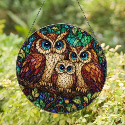 Stained Glass Owl Family Window Decor for Housewarming and Woodland Loving Homes Stained Glass Suncatcher