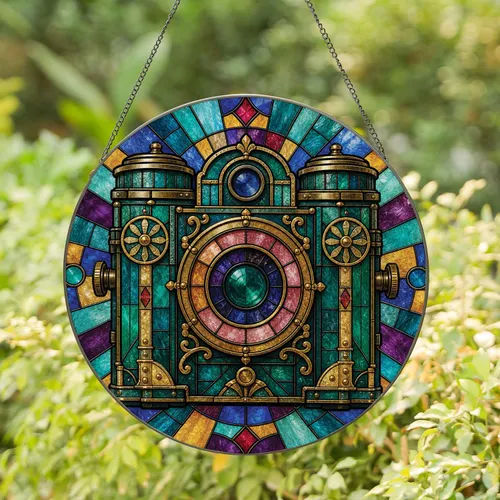 Steampunk Stained Glass Camera Mosaic For Vintage Home Decor And Photography Lovers Stained Glass Suncatcher