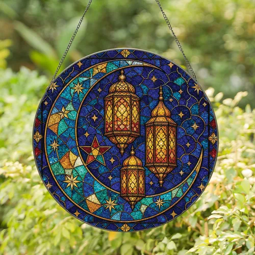 Ramadan Crescent Moon Lantern Stained Glass Window Decor for Eid Home Celebrations Stained Glass Suncatcher