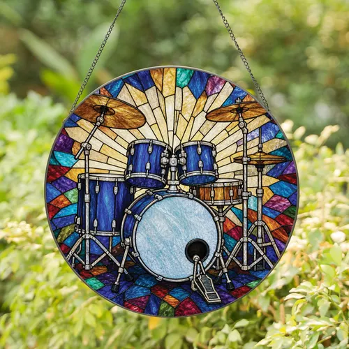 Cobalt Blue Drum Kit Stained Glass Music Room Decor for Drummers, Bands and Fans Stained Glass Suncatcher