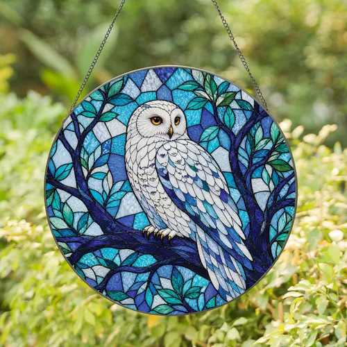 Snowy Owl Stained Glass Window Decor for Bird Lover Home, Garden and Housewarming Gifts Stained Glass Suncatcher