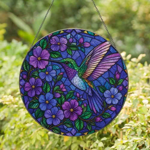 Stained Glass Hummingbird With Lilac Flowers Window Decor for Bird Lovers Stained Glass Suncatcher