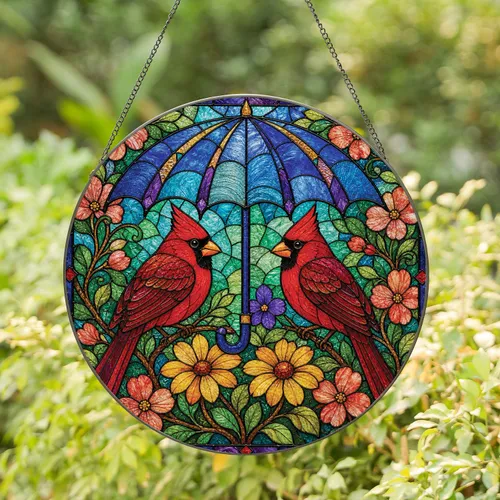 Cardinal Birds Under Blue Umbrella Stained Glass Garden Gift for Bird Lovers Stained Glass Suncatcher