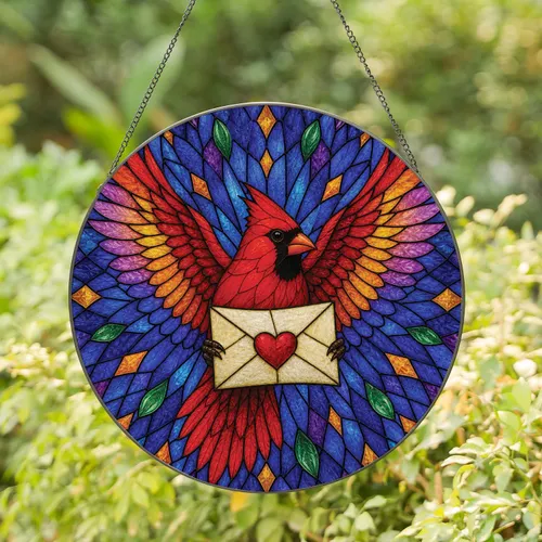 Red Cardinal With Love Letter Stained Glass Window Decor For Romantic Home Gift Giving Stained Glass Suncatcher