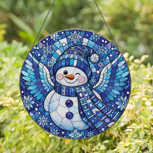 Winking Snowman Angel Stained Glass Winter Window Decor for Christmas Home Gift Giving Stained Glass Suncatcher