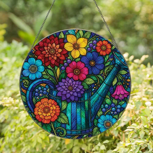 Stained Glass Watering Can With Floral Bouquet For Garden Lovers And Housewarming Stained Glass Suncatcher