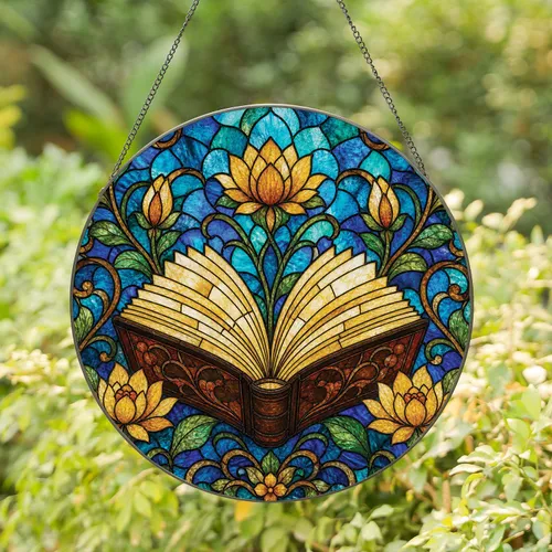Stained Glass Open Book With Lotus Flowers Garden Decor for Reading Nooks and Book Lovers Stained Glass Suncatcher