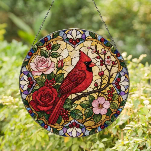 Red Cardinal Stained Glass Garden Window Decor for Bird Lovers and Housewarming Gifts Stained Glass Suncatcher