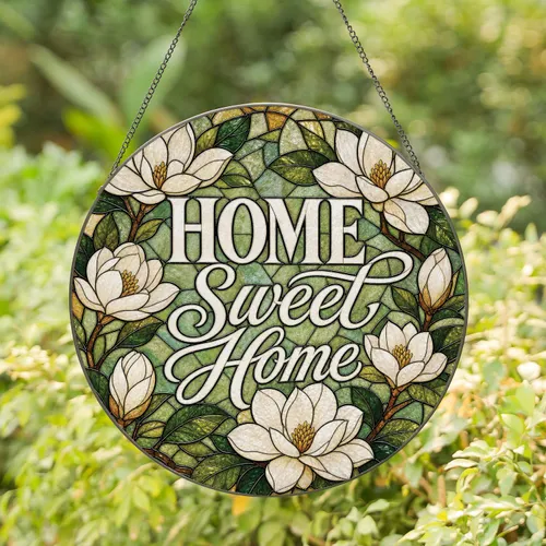 Magnolia Home Sweet Home Stained Glass Style Housewarming Gift for Garden Lovers Stained Glass Suncatcher