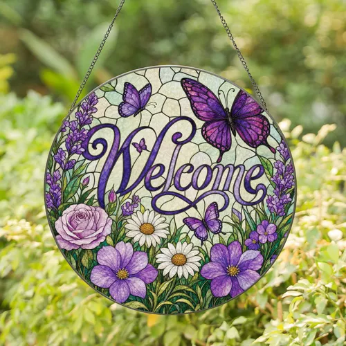 Purple Butterfly Lavender Garden Welcome Gift For Farmhouse Window Decor Stained Glass Suncatcher