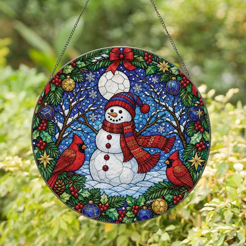 Snowman And Cardinal Stained Glass Christmas Wreath Decor For Winter Holiday Homes Stained Glass Suncatcher